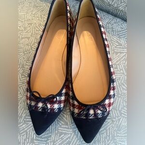 J CREW GEMMA CAP-TOE FLATS IN TWEED IVORY BURG NAVY SIZE 6 ITALY  #F5518 EUC